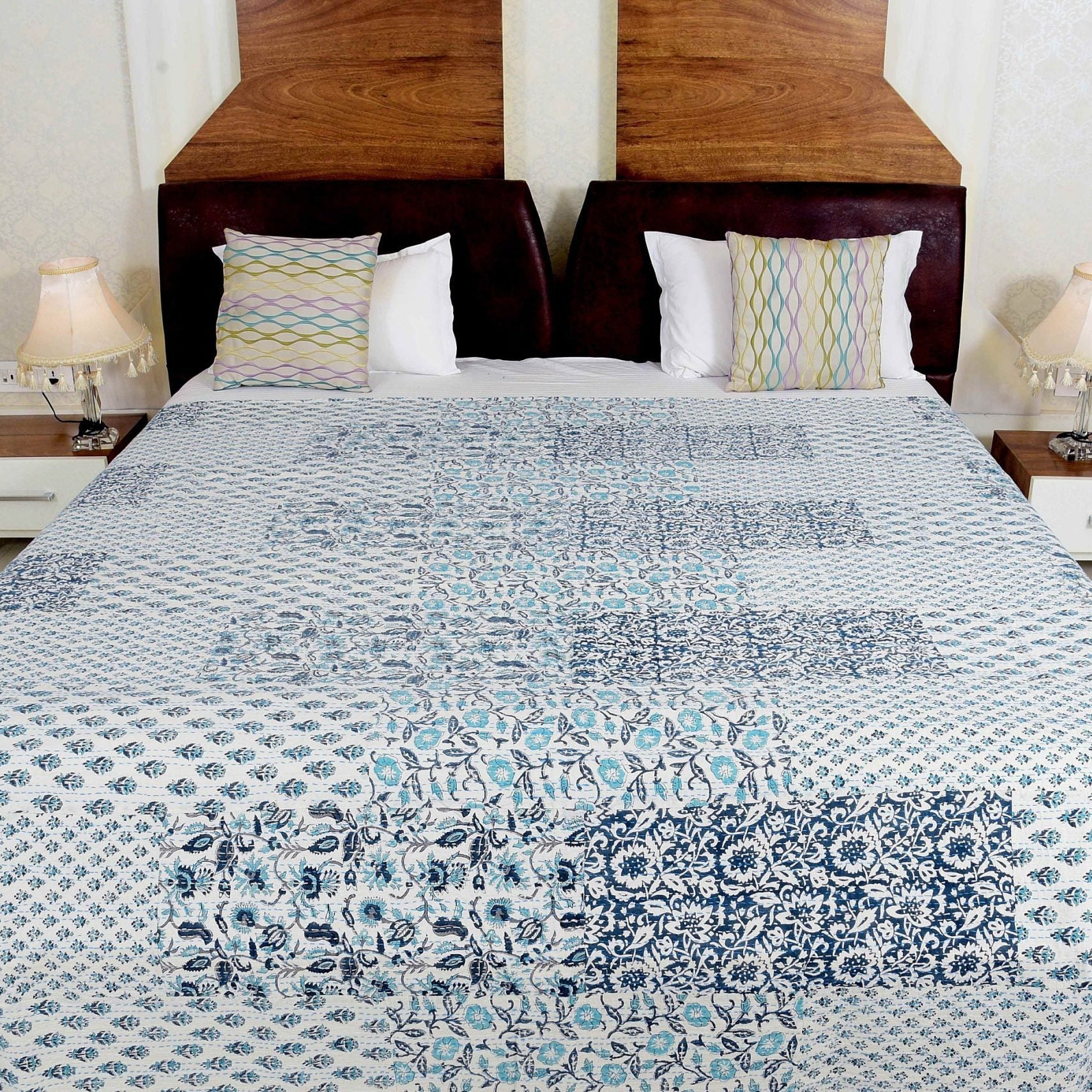 Boho Kantha Quilt - White Aurora, Handcrafted