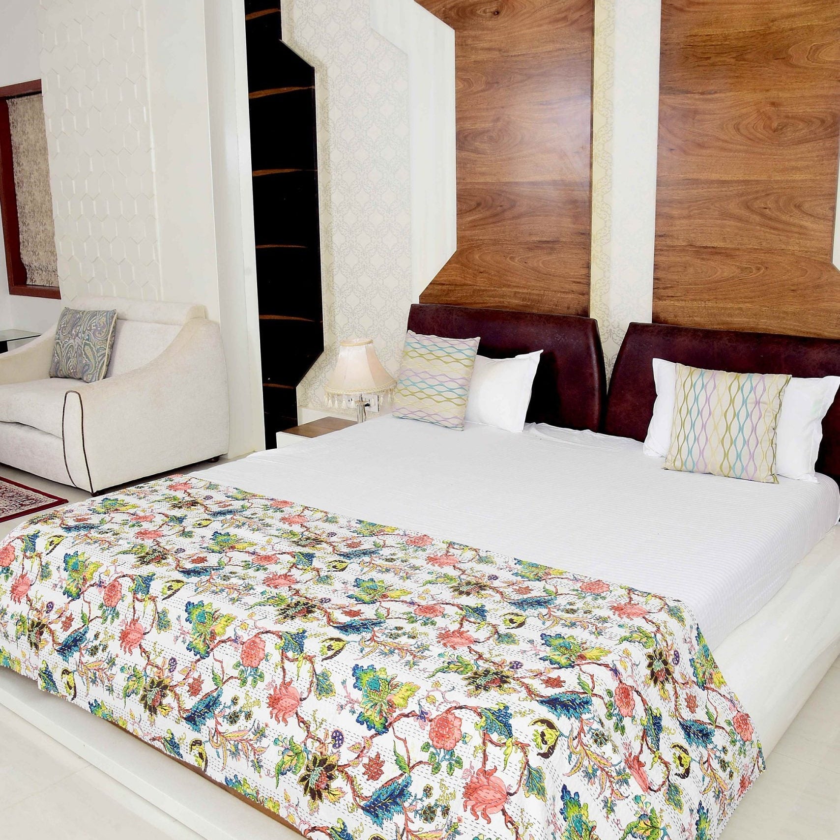 Boho Kantha Quilt - Boho White, Handmade Design