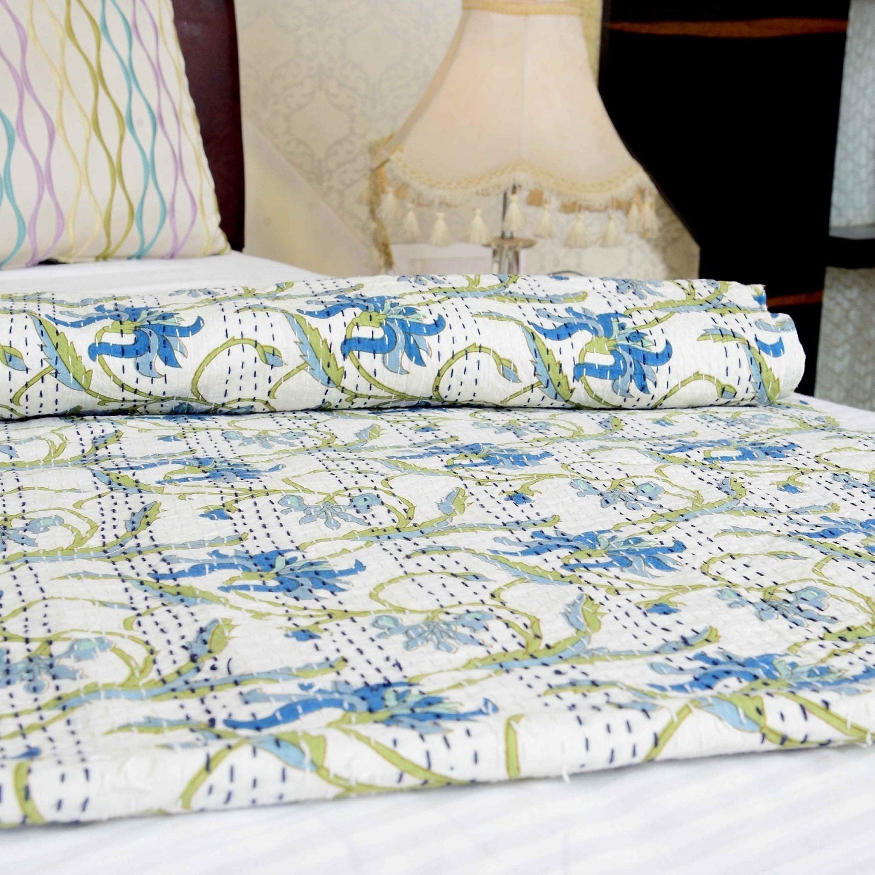 Blue Paradise Kantha Quilt - Boho Style