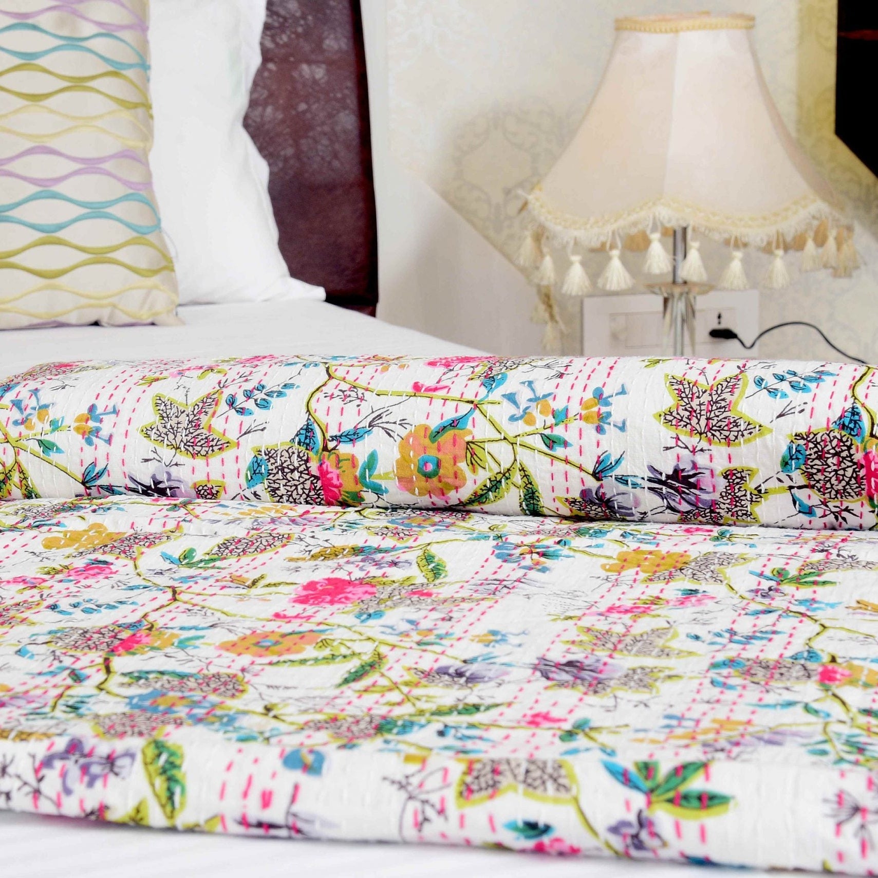 Bohemian Snow Indian Kantha Quilt - Handmade