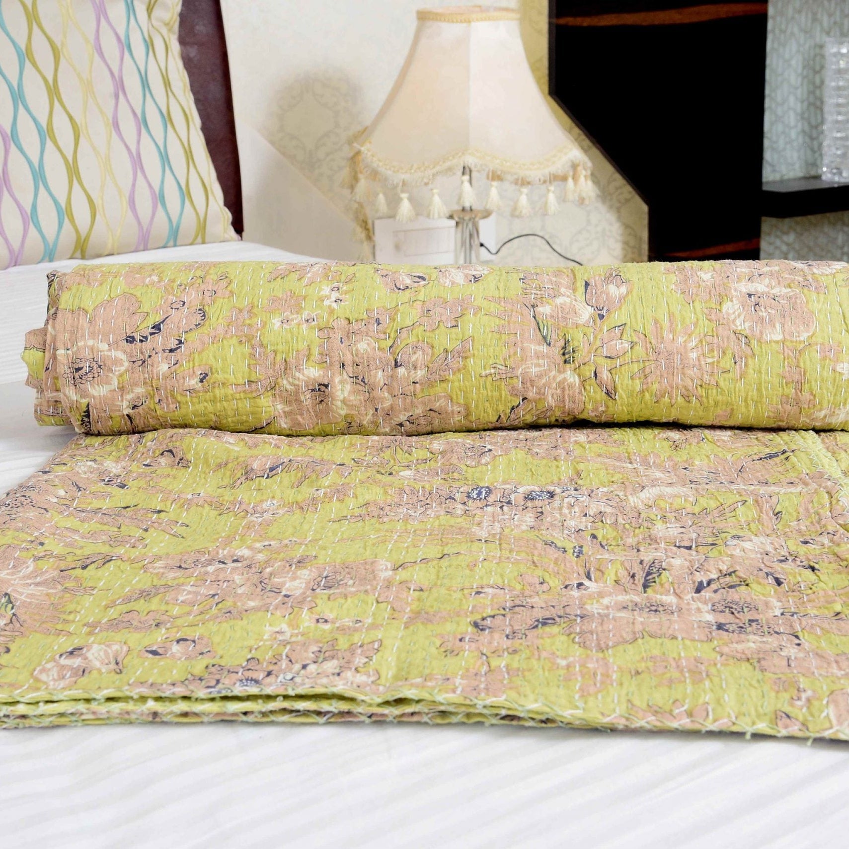 Pale Yellow Handmade Kantha Quilt - Boho Style