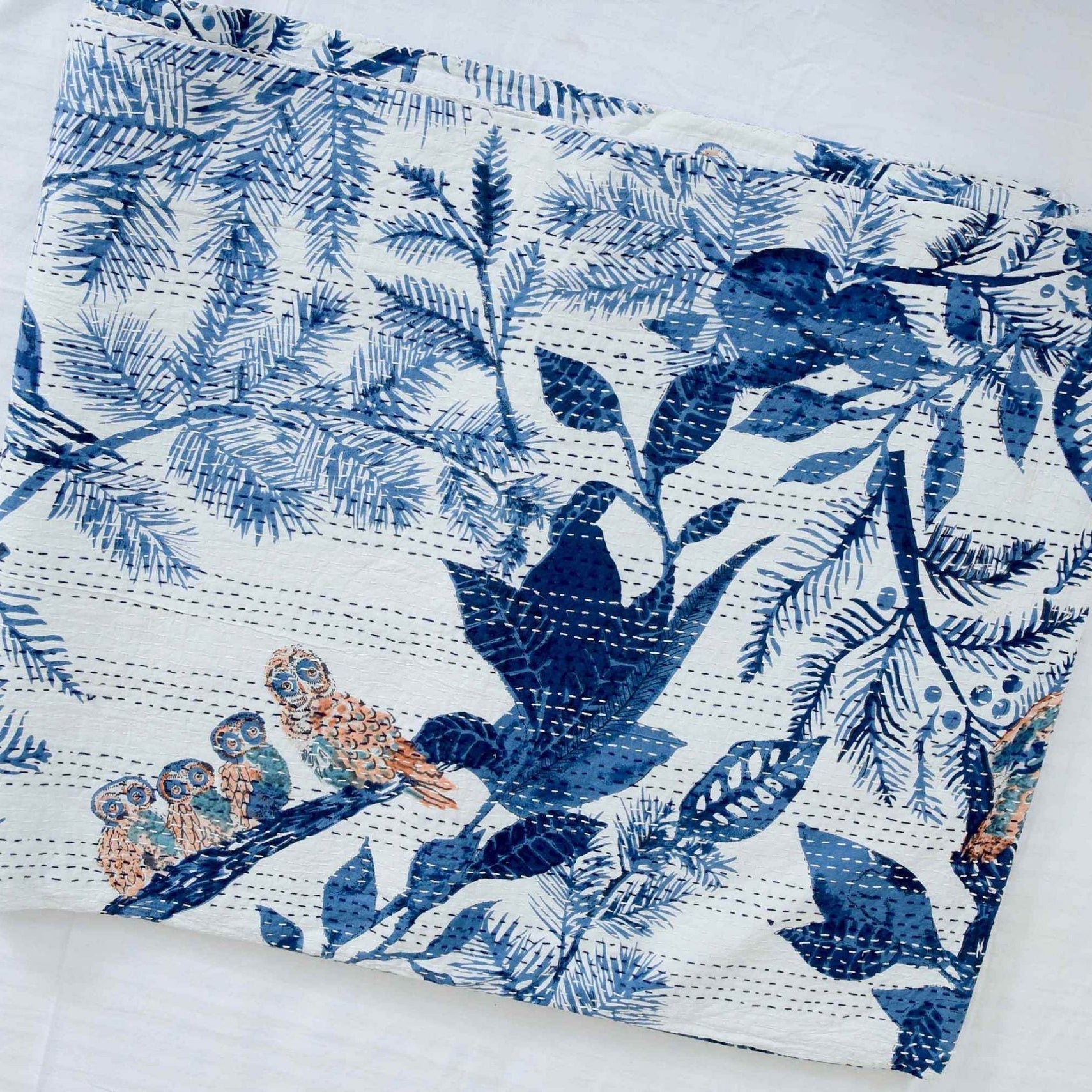 Azure Bird Kantha Quilt - King Size