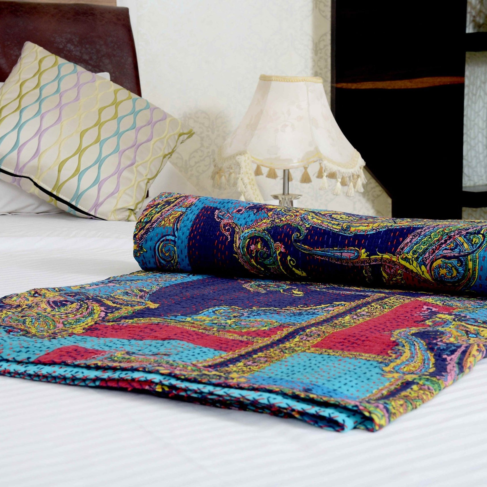 Royal Blue Boho Kantha Quilt - Rich Tones