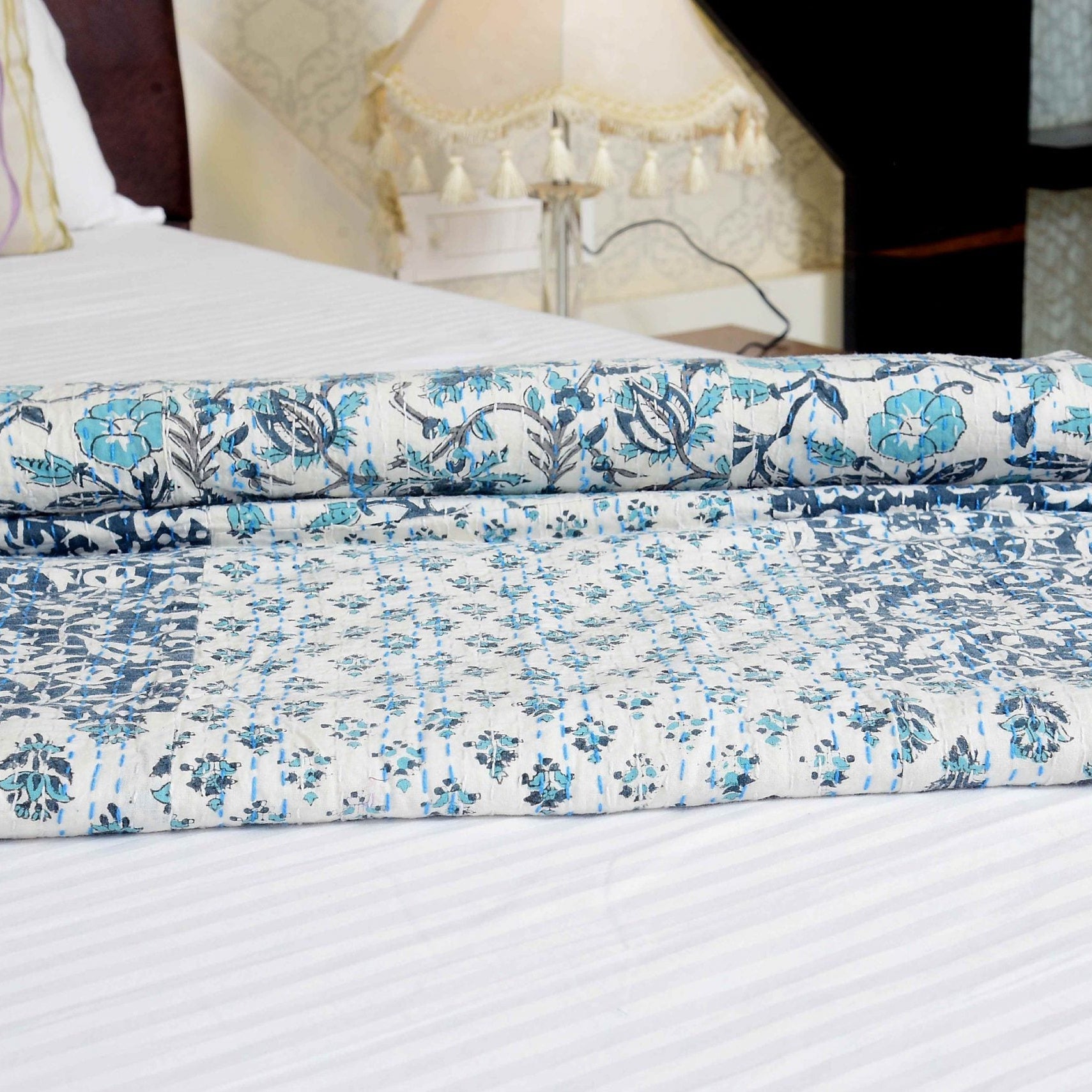 Boho Kantha Quilt - White Aurora, Handcrafted