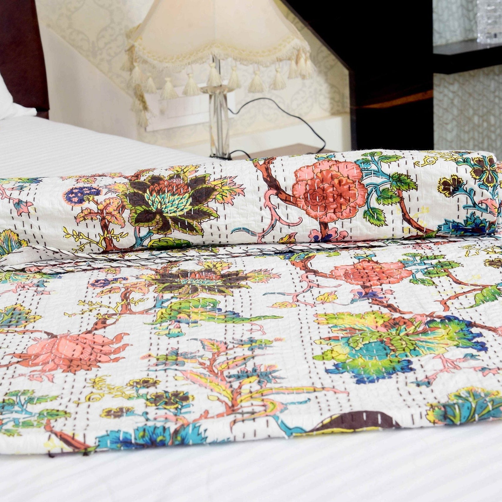 Boho Kantha Quilt - Boho White, Handmade Design