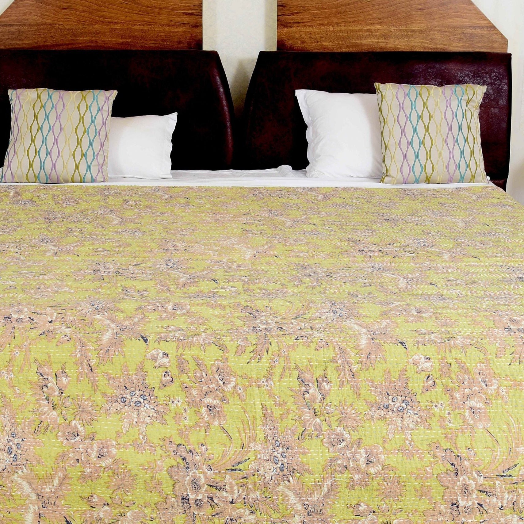 Pale Yellow Handmade Kantha Quilt - Boho Style