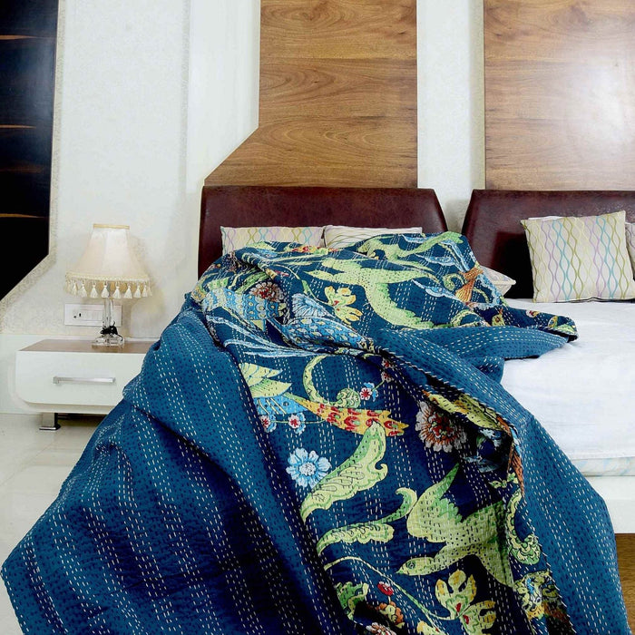 Navy Hues Kantha Quilt - King Size | Reversible Cotton Bedspread