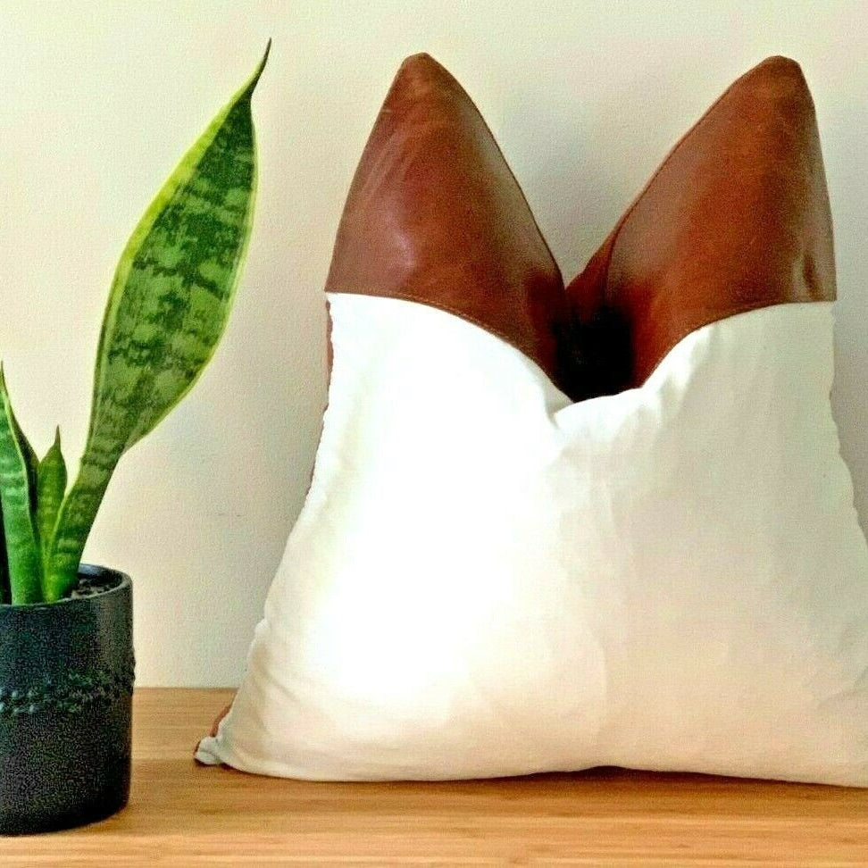 Tan Leather Cushion Bright White Finish