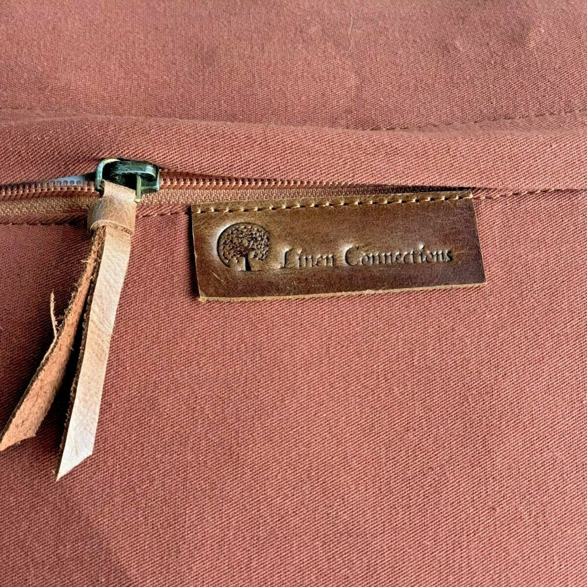 Tan Leather Cushion Grey Lines Design