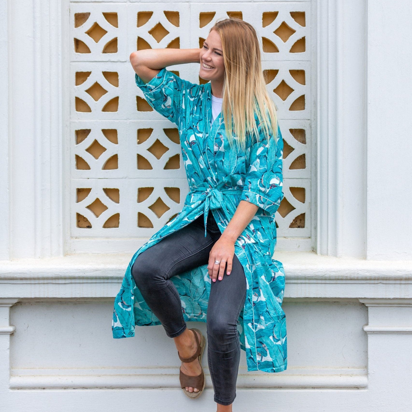 'Banana Blossoms' Women’s Cotton Kimono Robe