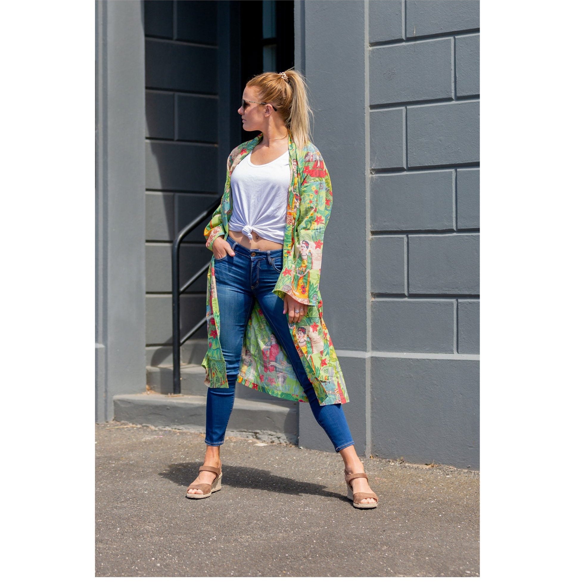 'Kahlo Green' Women’s Cotton Kimono Robe - Inspired