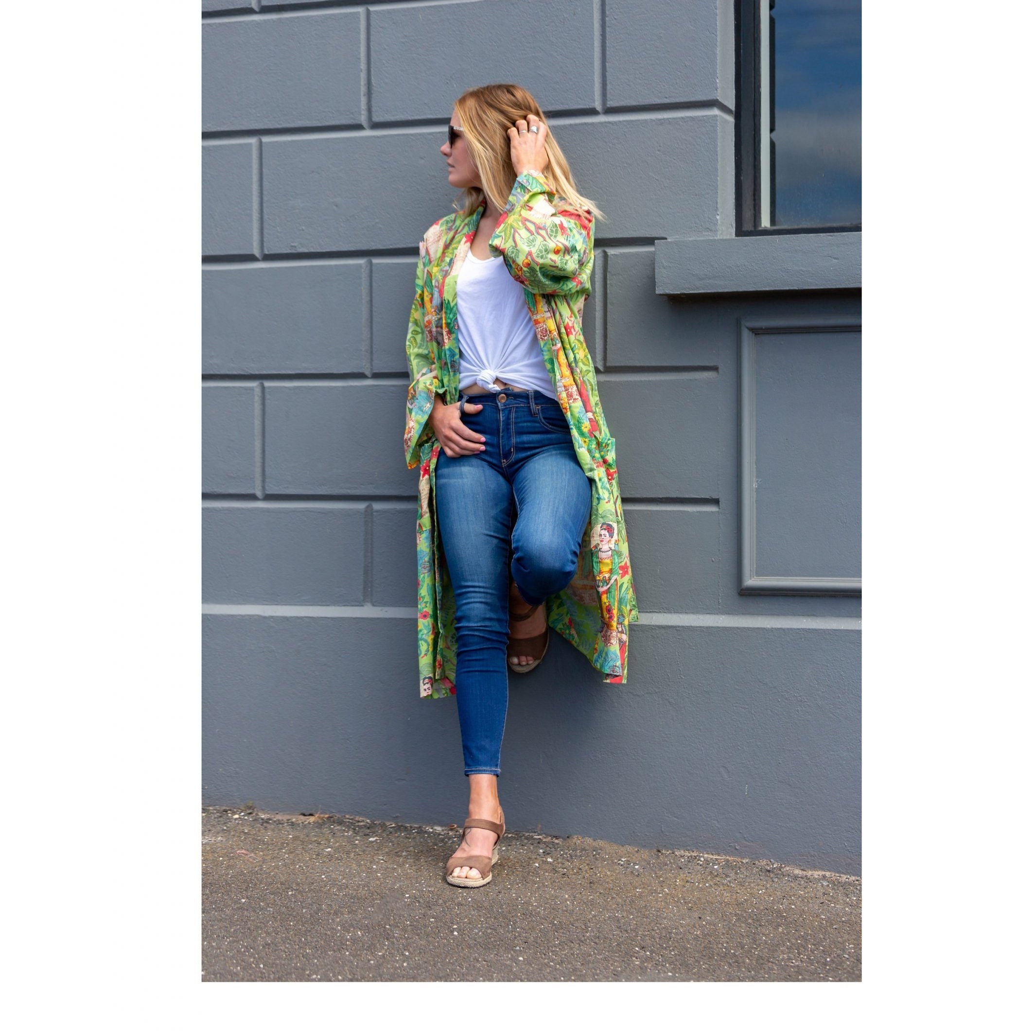 'Kahlo Green' Women’s Cotton Kimono Robe - Inspired