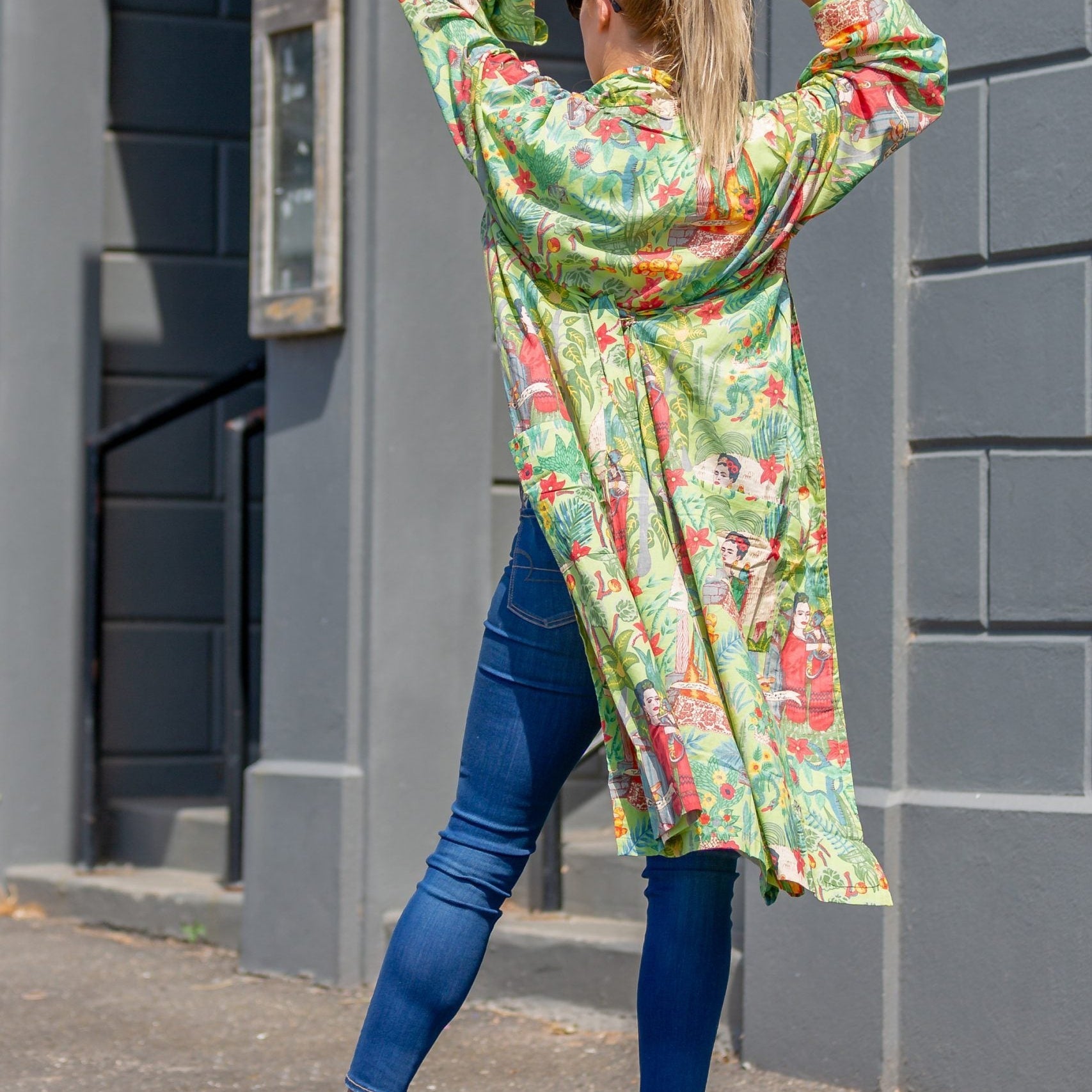 'Kahlo Green' Women’s Cotton Kimono Robe - Inspired