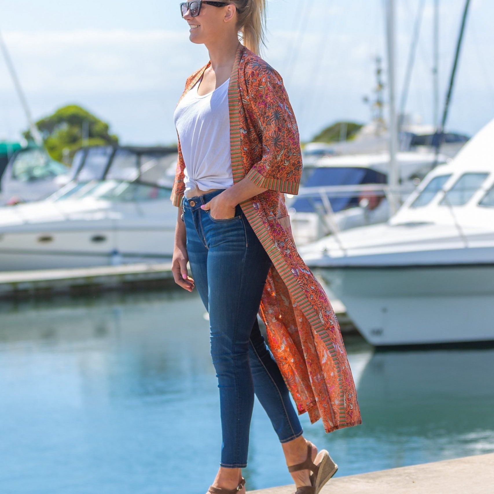 'Luminous Orange' Women’s Cotton Kimono Robe - Bright