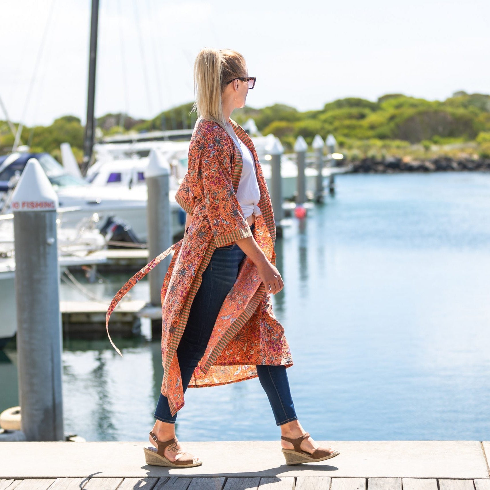 'Luminous Orange' Women’s Cotton Kimono Robe - Bright