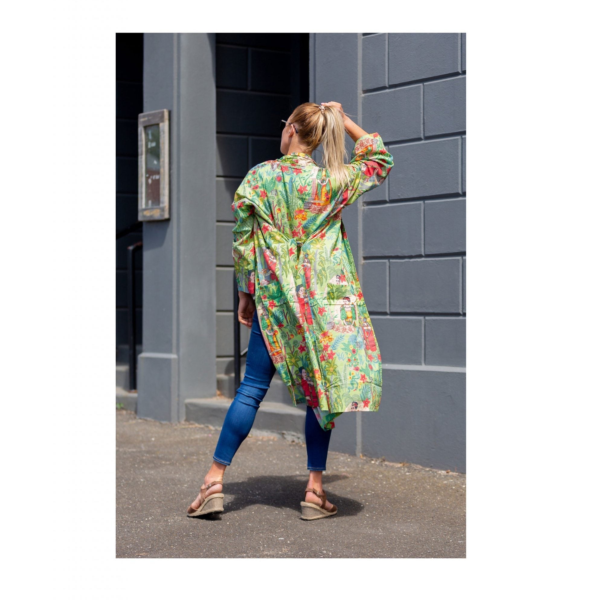 'Kahlo Green' Women’s Cotton Kimono Robe - Inspired