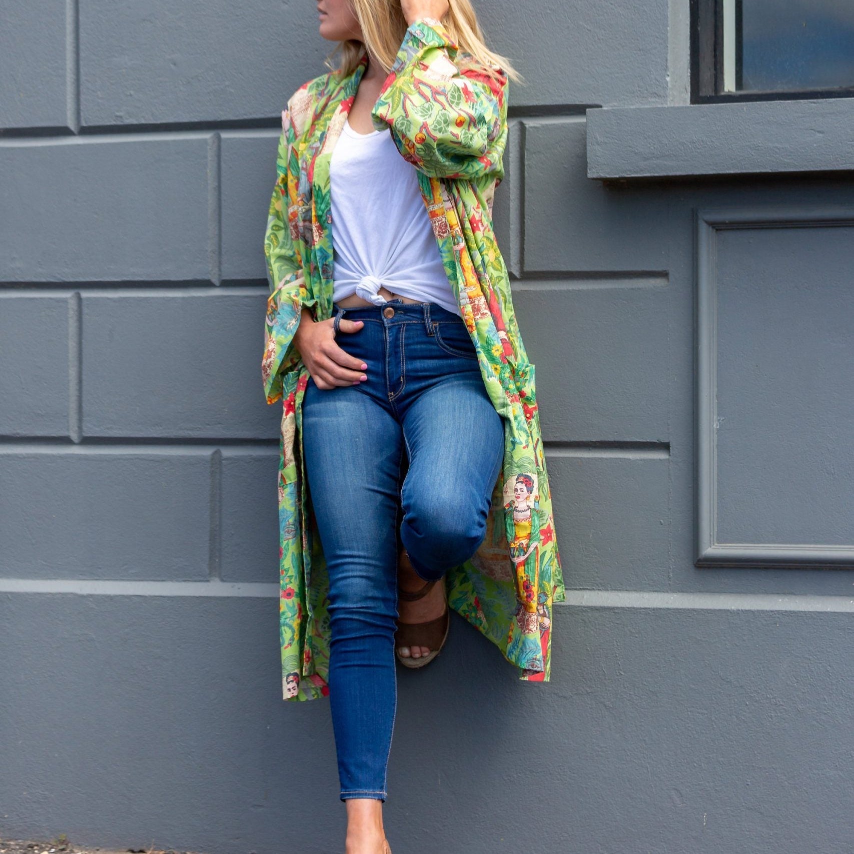 'Kahlo Green' Women’s Cotton Kimono Robe - Inspired