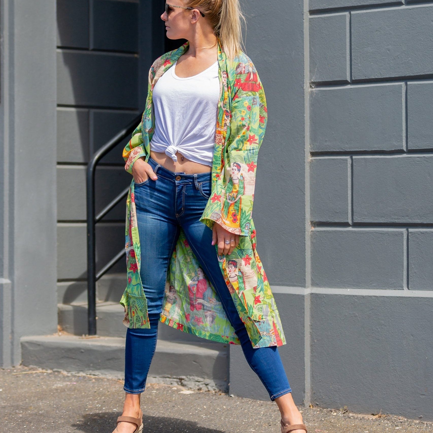 'Kahlo Green' Women’s Cotton Kimono Robe - Inspired