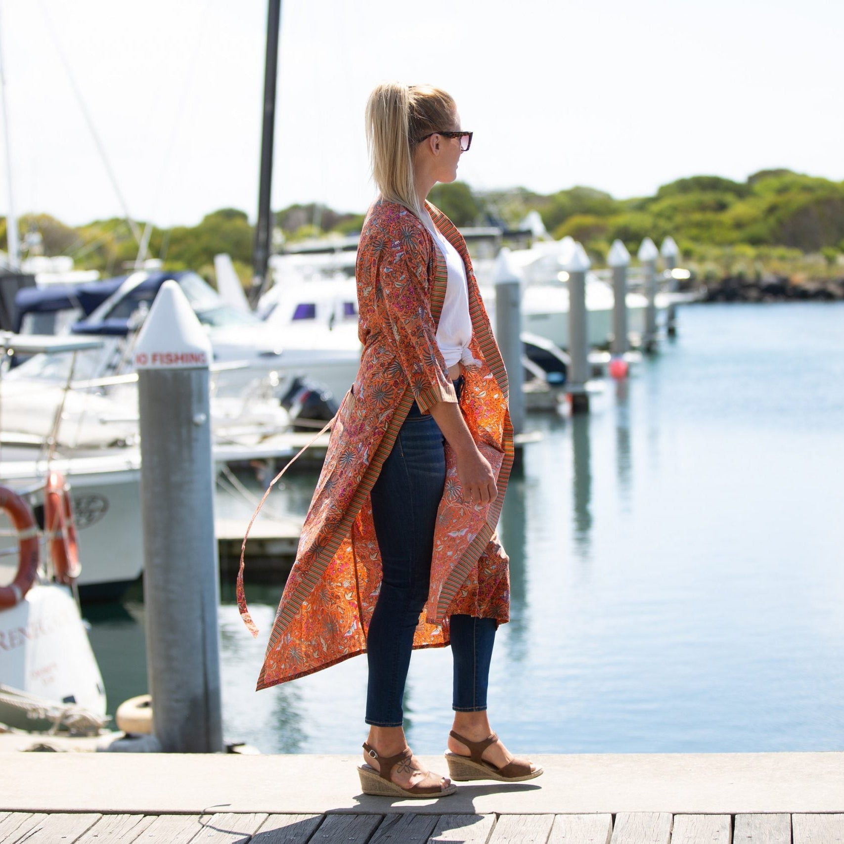 'Luminous Orange' Women’s Cotton Kimono Robe - Bright